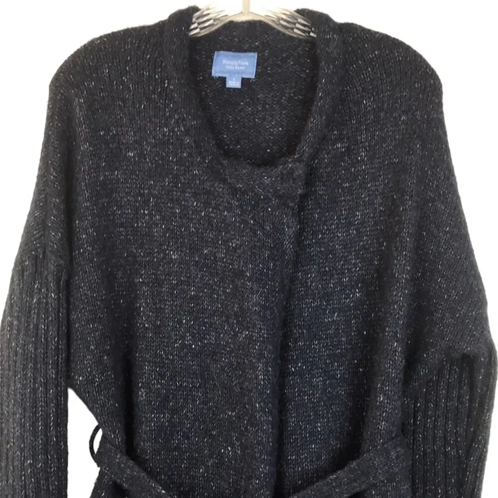 SimplyVera Vera Wang Knit Cardigan Tie Waist Sweater Pockets Marled Navy Large - Picture 2 of 15